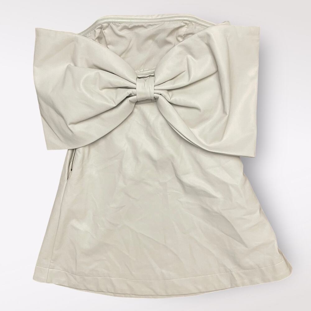 Miou Muse Cream Faux Leather Bow in back‎ Strapless Short Dress NWT Size S